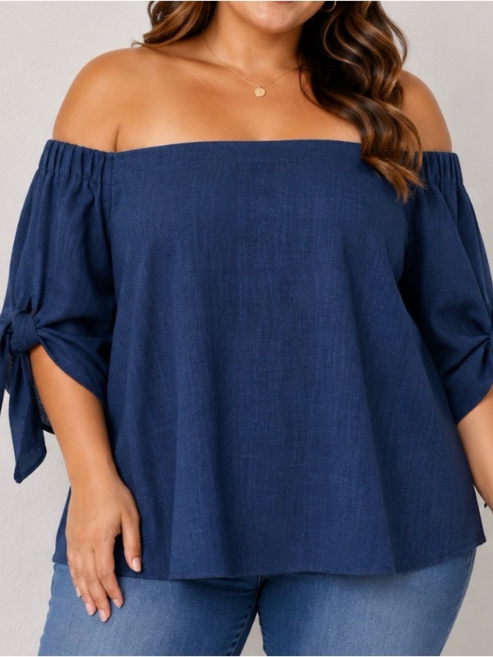 Olivia Grey Off-Shoulder Navy Blue Tie-Sleeve Women's Top boxy fit blouse top MD